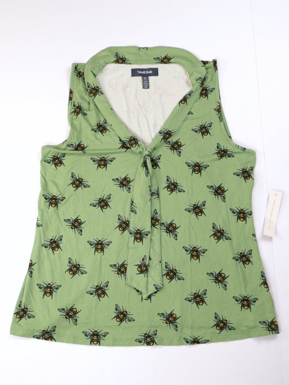 ModCloth Bee Print Tie Neck Tank Top XL Green Sleeveless Novelty NWT